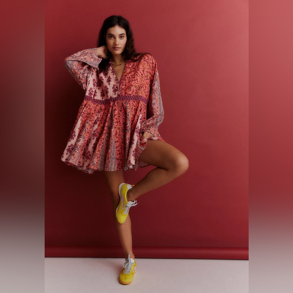 Free People FP Hazy Baby Printed Mini Dress S Tunic Crochet MSRP $198